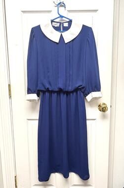 Secretary Dress In The Mood Peter Pan Collar Sheer Sleeve Midi Blue Size 12